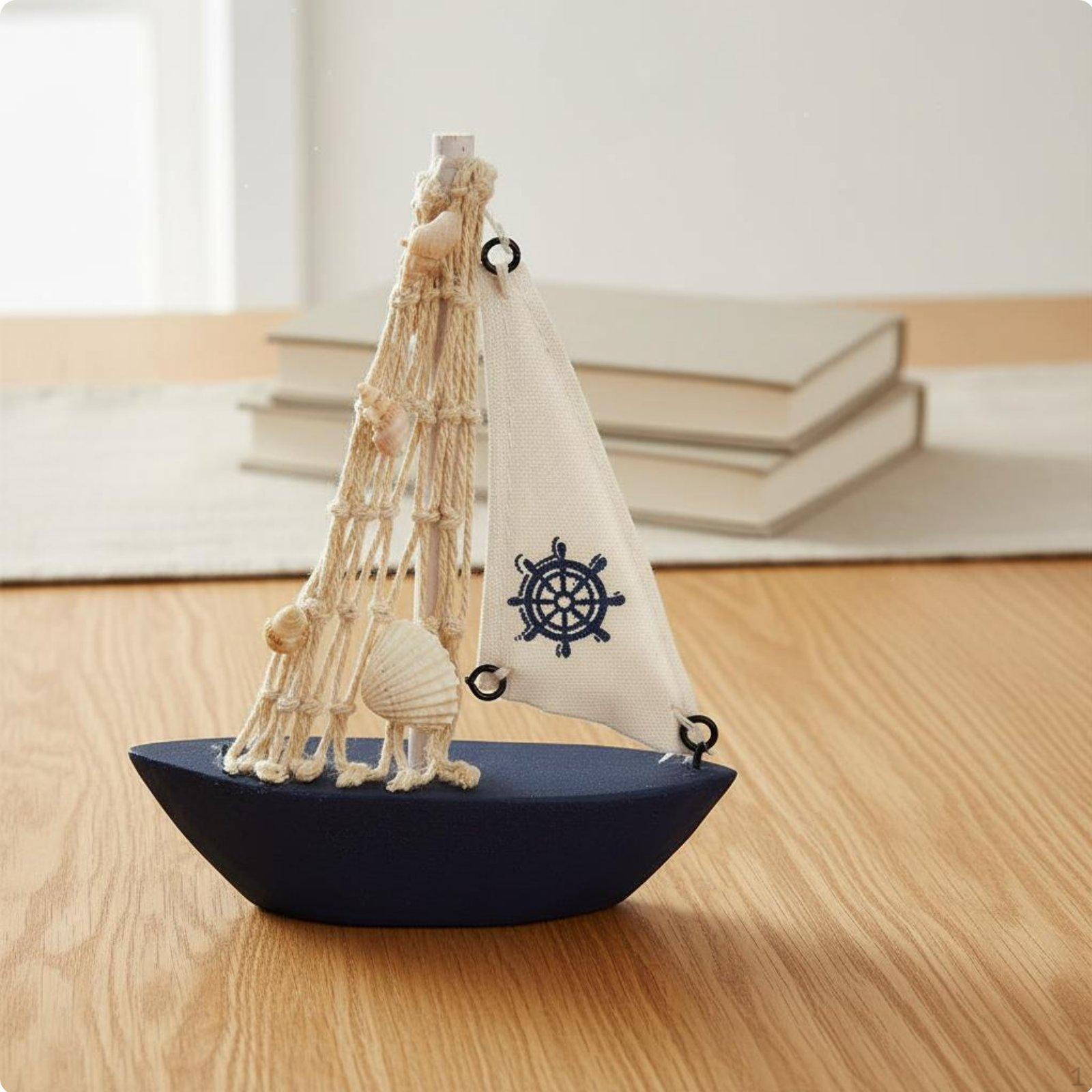 Wooden Sailboat Model Nautical Theme Coastal Design Boat Decor Standing Decorative Sailing for Dark Blue 14CM Rudder