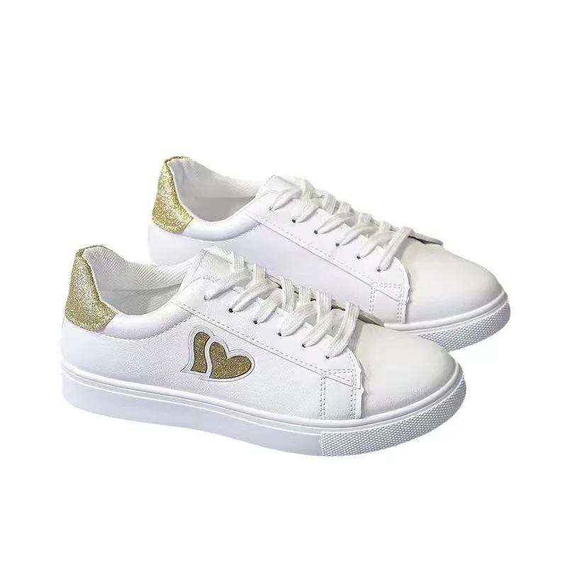 Women's Shoes New Fashion Golden Love Small White Shoes Women Lace-up Comfortable Women's Casual Single Shoes  De Mujer