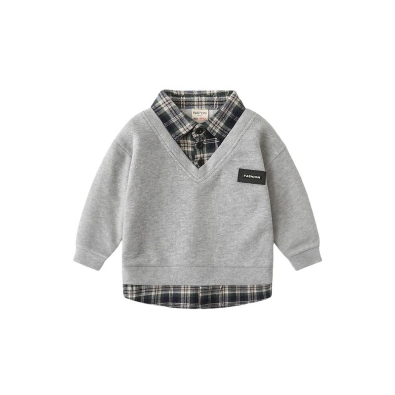 Kids False Two-Piece Sweaters Spring and Autumn K-style Boys' Shirt Patchwork Clothes Baby Boys' Lapel Gingham Shirt