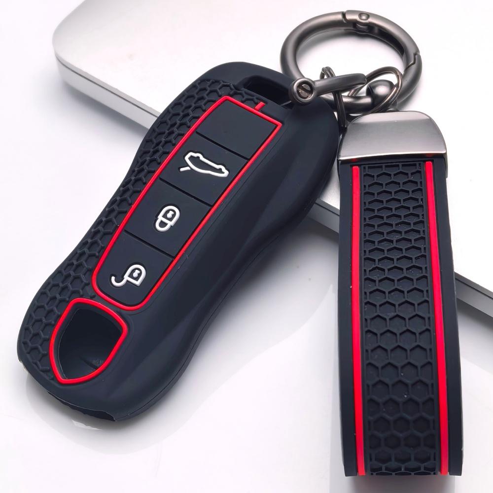 Key Cover for Porsche Boxster Panamera Cayenne Macan 911 718 Cayman Taycan with Keychain Anti-Scratch Guard Shockproof Protection Soft Grip Texture