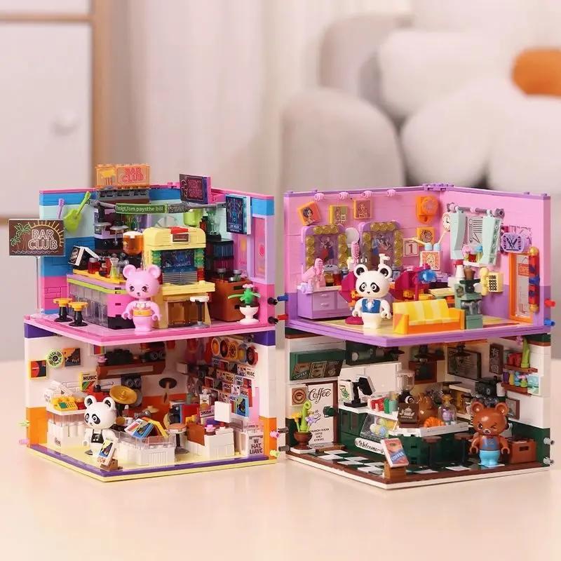 Mini City Street View Coffee Shop Bar Hair Salon Blocks Bricks Creative 3D Puzzle Room Model Toys Friends Children Birthday Gift