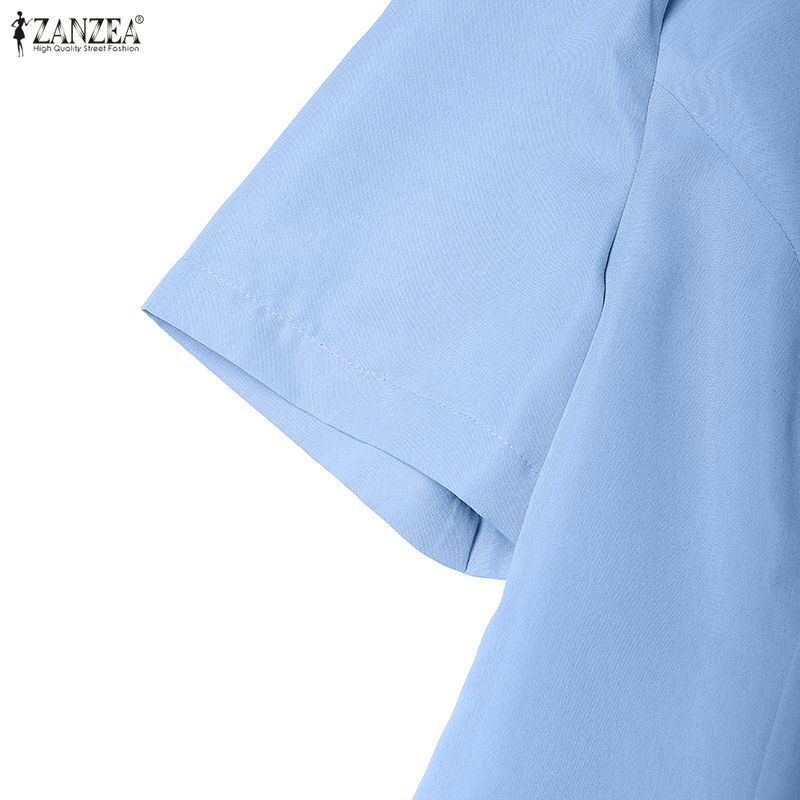 ZANZEA Women Casual Turn Down Collar Short Sleeve Pleated Dress