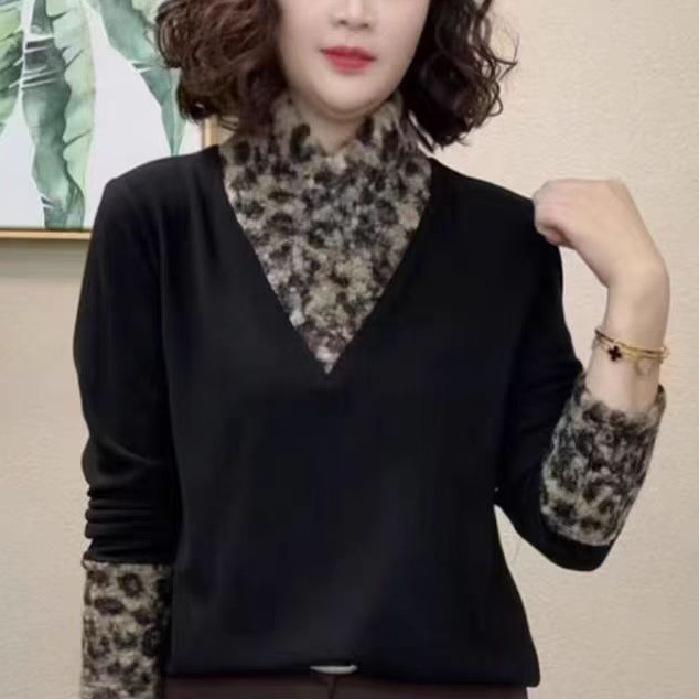 

Leopard Print Half Neck Slimming Long Sleeve Top for Moms 3XL чёрный