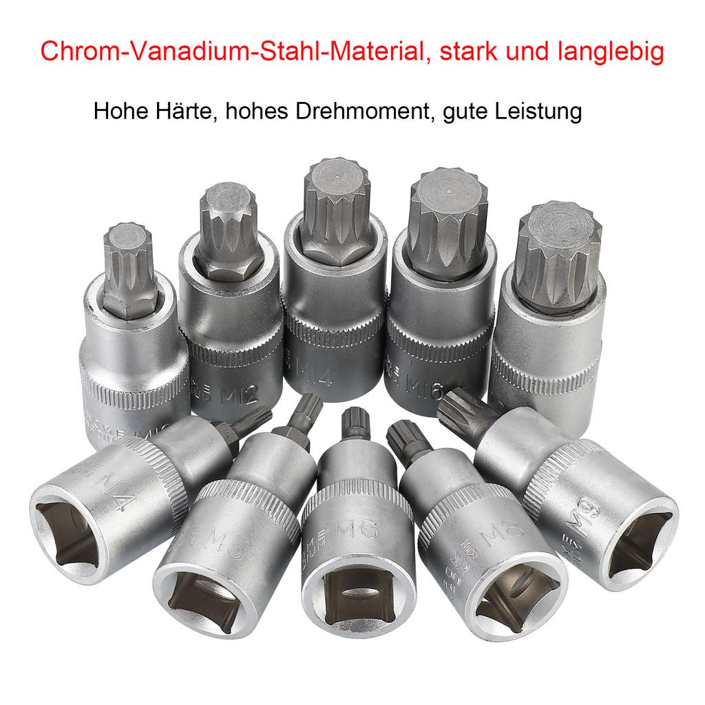 10 Piece Multitooth Sleeve Set 1/2 Drive Sockets for All Nuts and Bolts Chrome Vanadium Steel Construction Convenient Storage