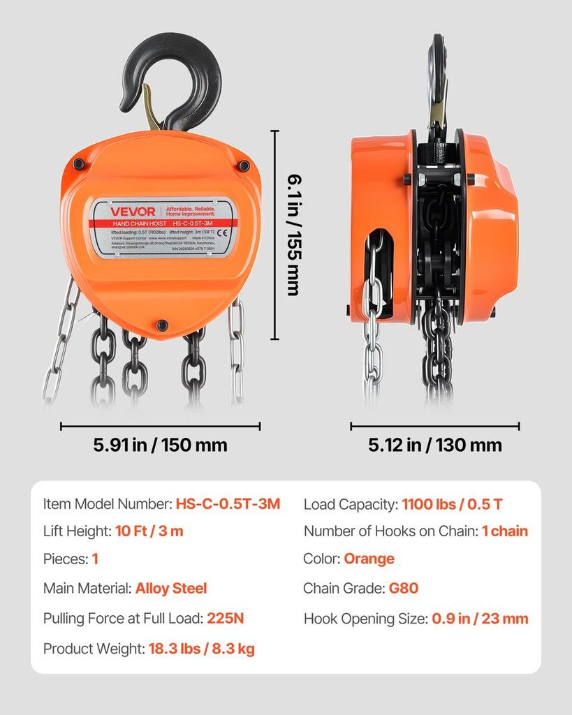 Hand Chain Hoist, 1/2 Ton Capacity, Manual Chain Block with Upgrade G80 Galvanized Chain, 3 M Lifting Height, Heavy Duty Pulley Hoist for Garage
