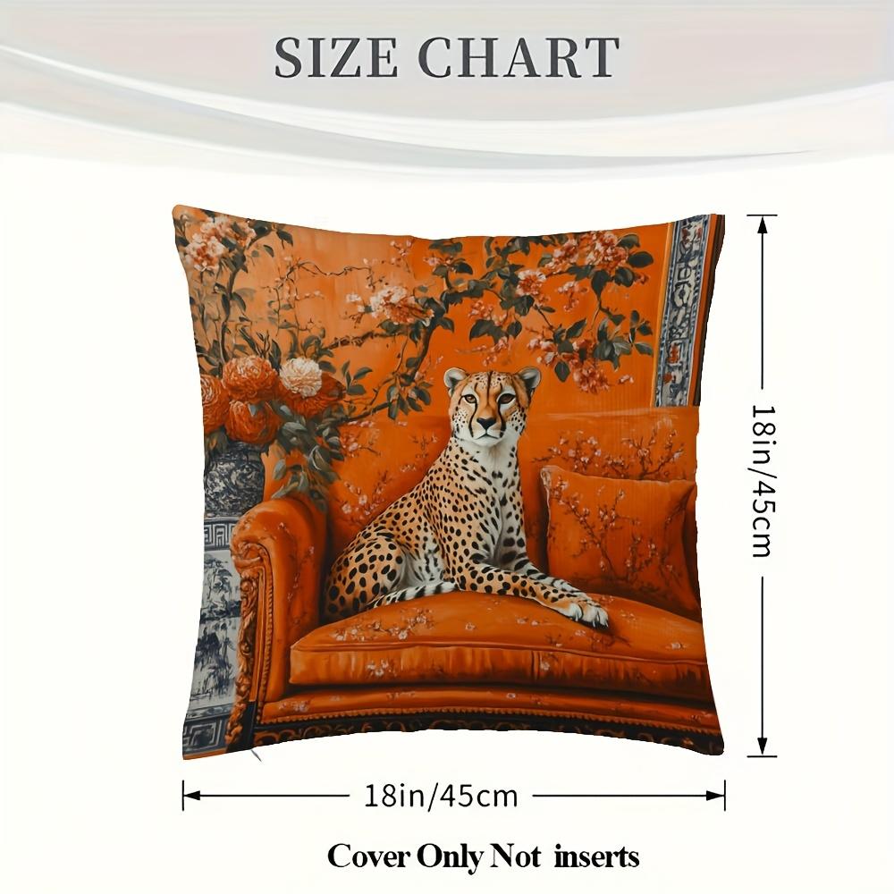 1Pc Elegant Cheetah In Orange Chinoiserie Decorative Pillow Cover, 18X18 Inch, Short Plush, Single-Sided Print - Ideal For Sofa,