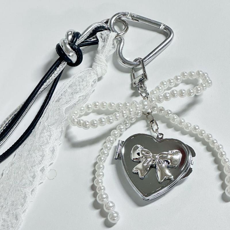 Y2K Mode Perlen Schleife Silber Herz Spiegel Schlüsselanhänger Anhänger Mode Exquisit Girly Schlüsselanhänger Tasche Anhänger Für Mädchen Geschenk