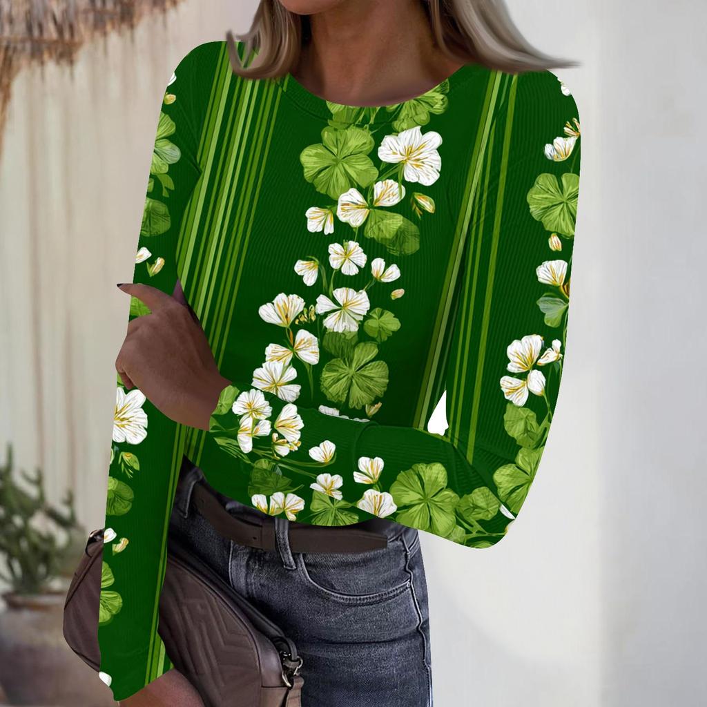 Women's Casual Fashion Round Neck St. Patrick's Day Print Long Sleeve Ribbed Top
