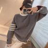 Women's Four-Bar Knit Sweatshirt: Casual Round Neck Pullover for Couples, Trendy Autumn Outerwear