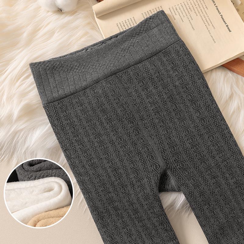 Girls' Autumn/Winter Thickened Velvet-Lined Cable Knit Leggings with Waist Protection