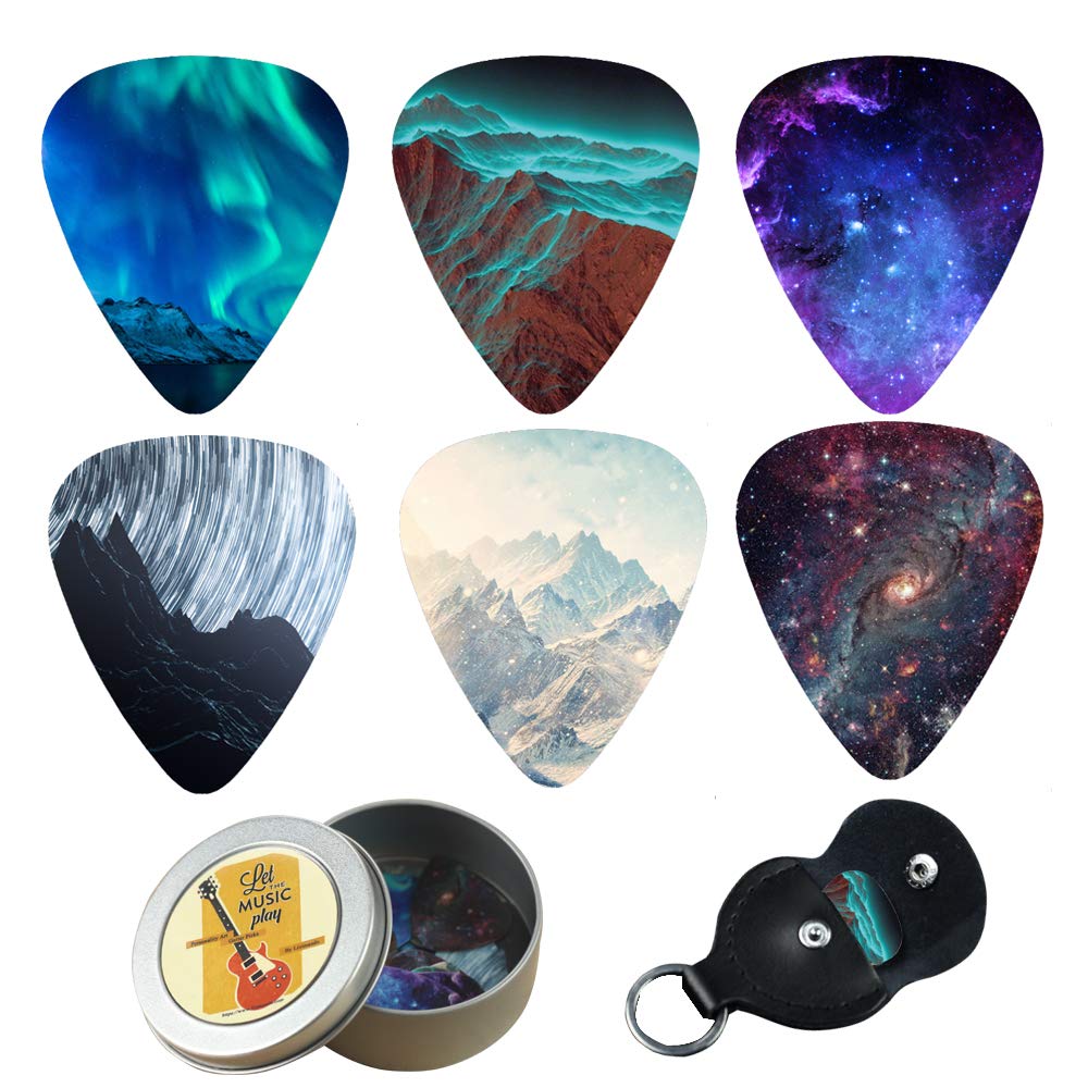 Jasenna Guitar Bass and Guitar Stylish Plectrum with Storage Thickness Picks, 12-Pack, Picks, Design, Plastic, Case, Non-Slip, Lightweight, Durable,