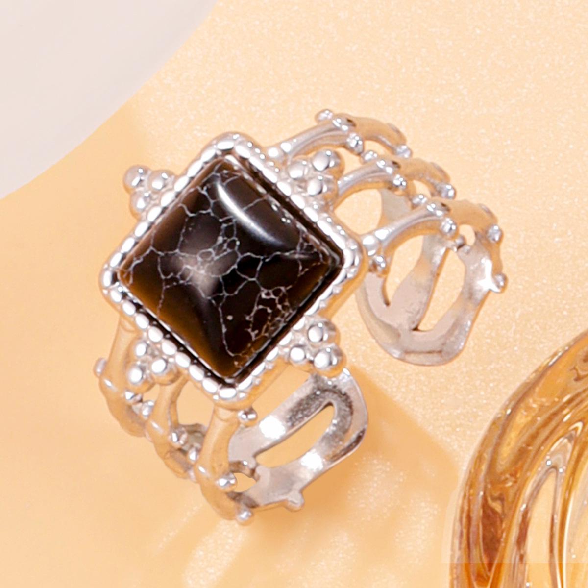Retro Geometric Natural Stone Ring with Stainless Steel and Bamboo Accents