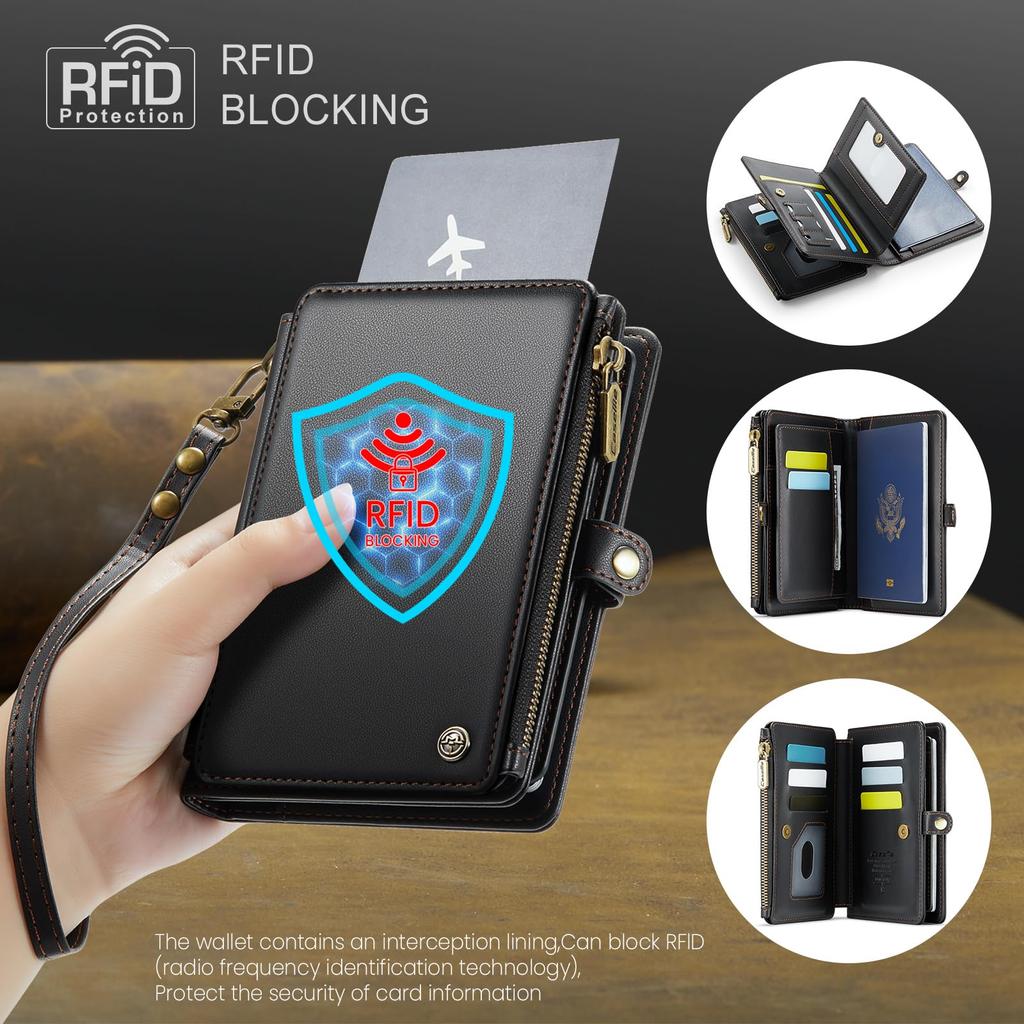 XIMAND Passport Holder Wallet Bag with 11 Card Passport Photo and RFID Blocking Wristlet Strap Black Slots, Pocket, Pocket, -