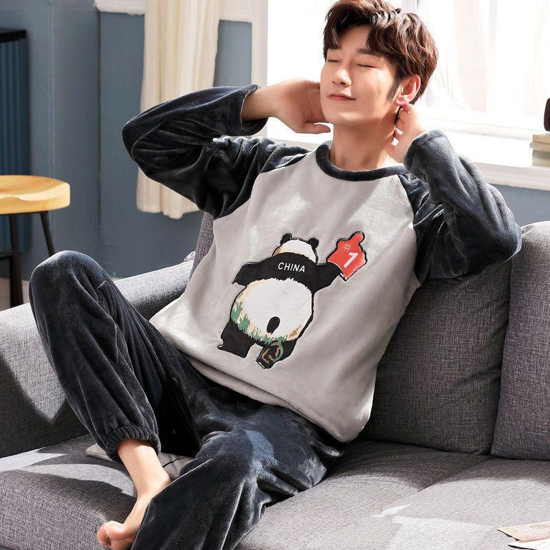 Men's 2024 Coral Fleece Flannel Long Sleeve Loungewear Set for Winter, Spring, and Autumn