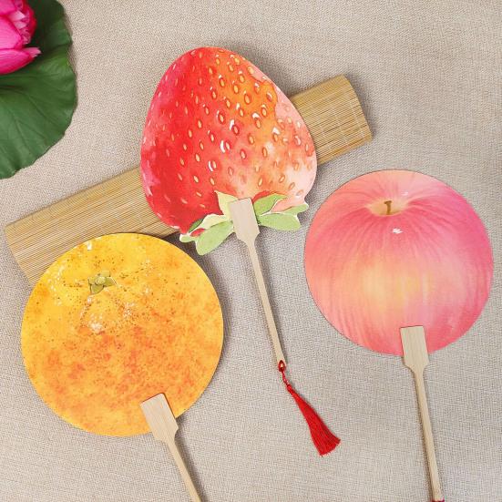Fruit Print Fan with Wooden Long Handle Portable Lightweight Outdoor Travel Camping Picnic Summer Handheld Round Paper Fan