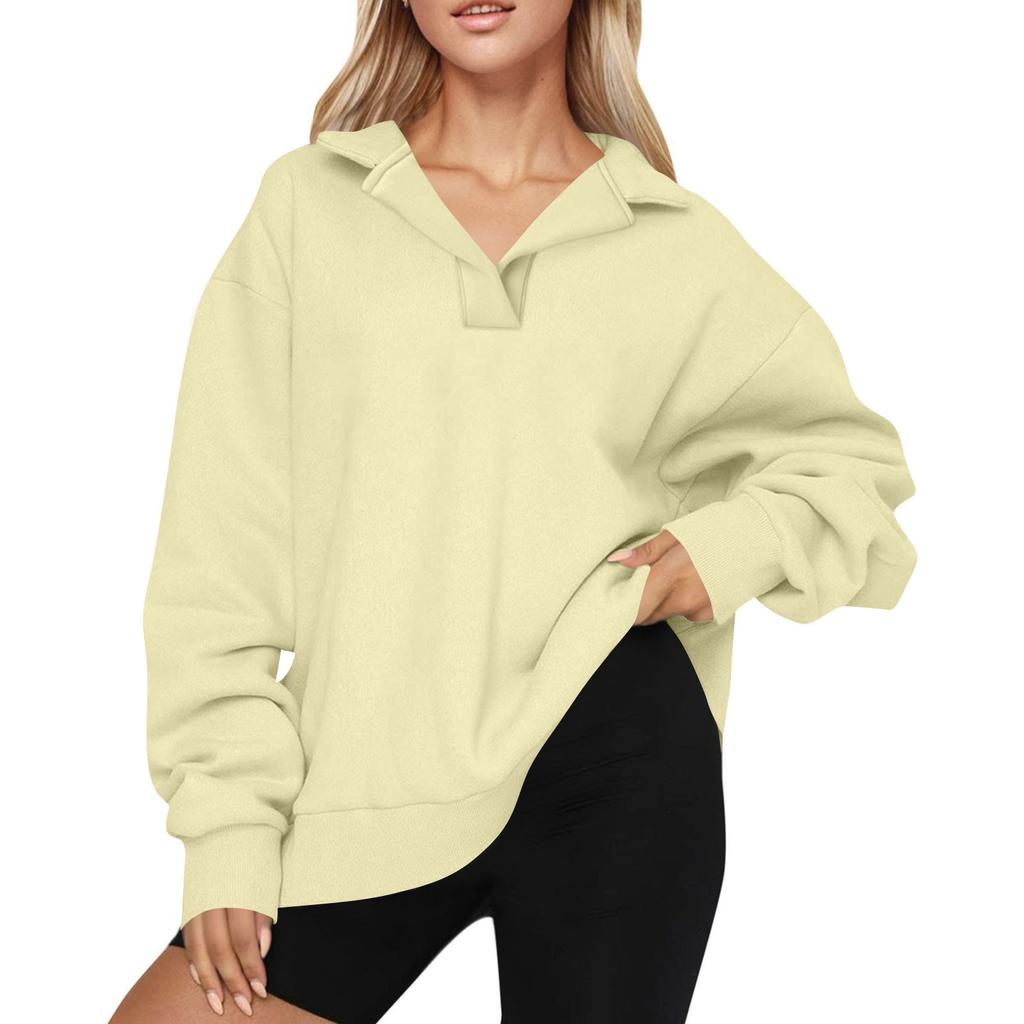 Women's Fashion Long Sleeve Solid Color V-Neck Loose Sweatshirt Top