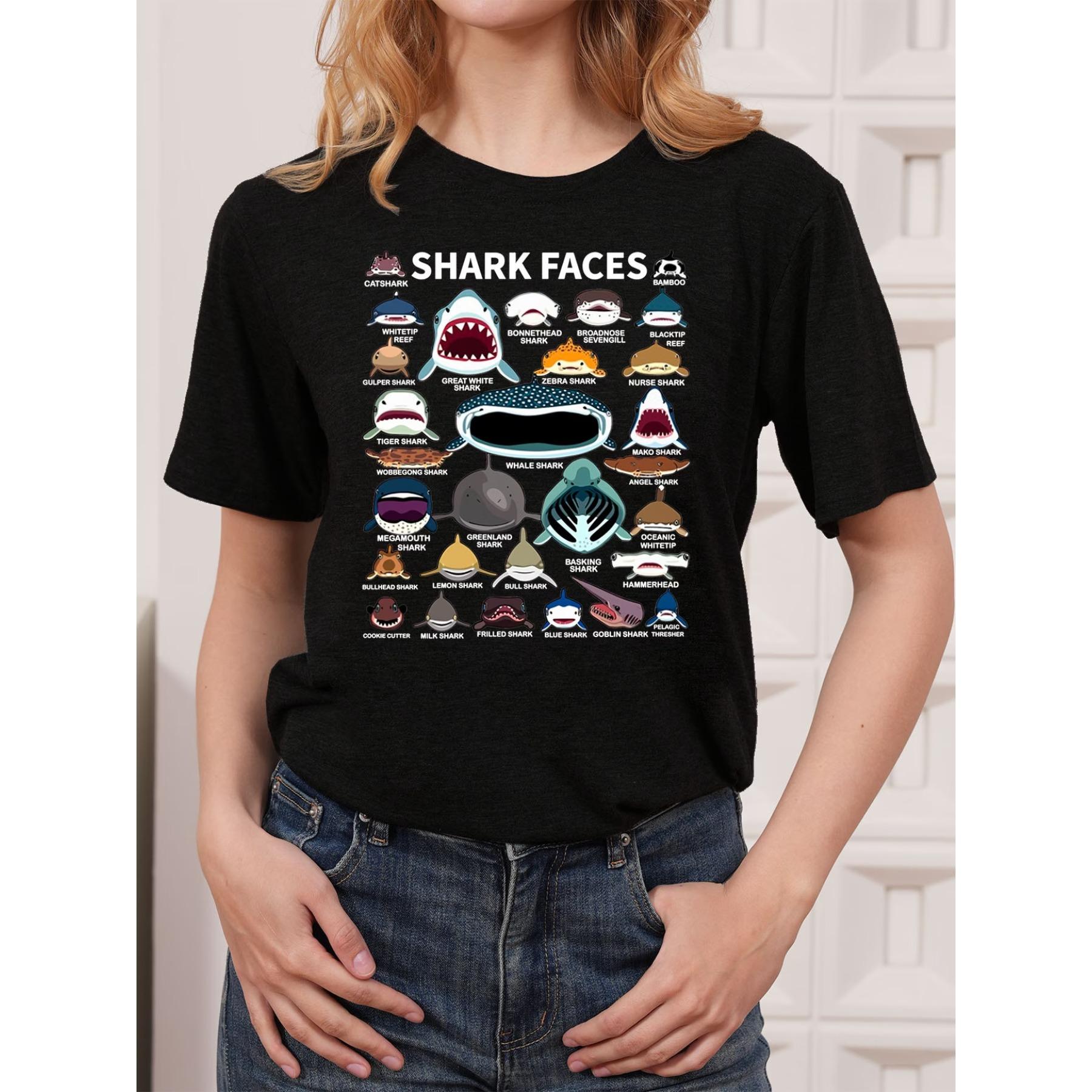 

Shark Face - A Collection of Shark Types, Print T-Shirt, Short Sleeve Crew Neck Casual Top for Summer and Spring, Women S Apparel XXL