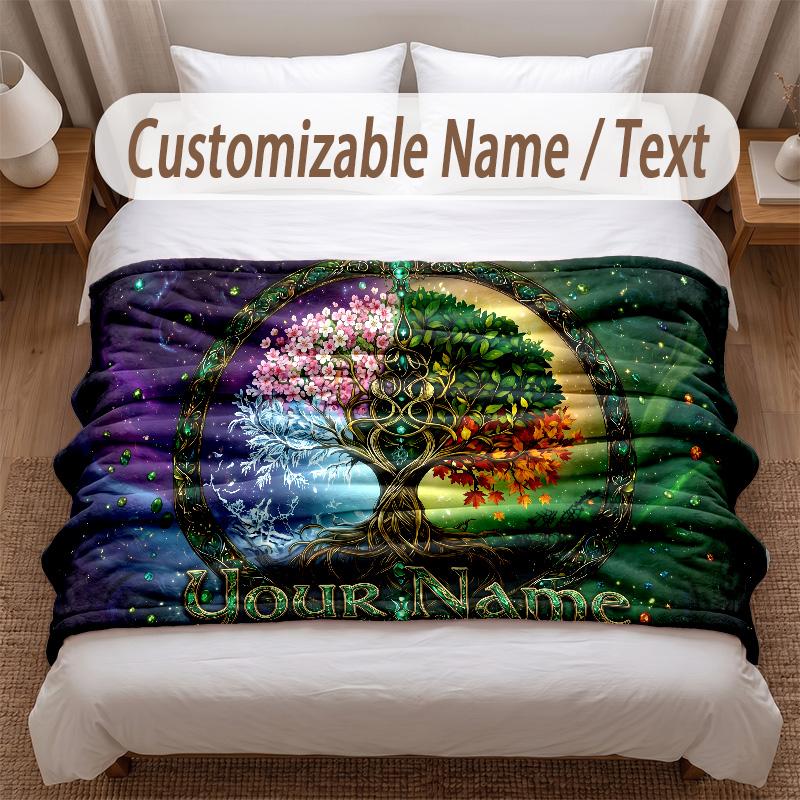 Tree of Life Theme Soft Blanket Personalized Custom Name Text Print Warm Blanket Home Sofa Bedroom Decor