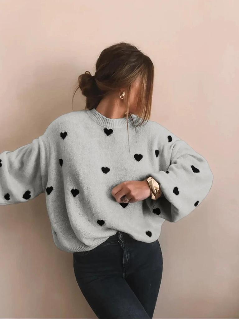 Heart Knit Sweater - Women's Autumn/Winter Casual Round Neck Pullover