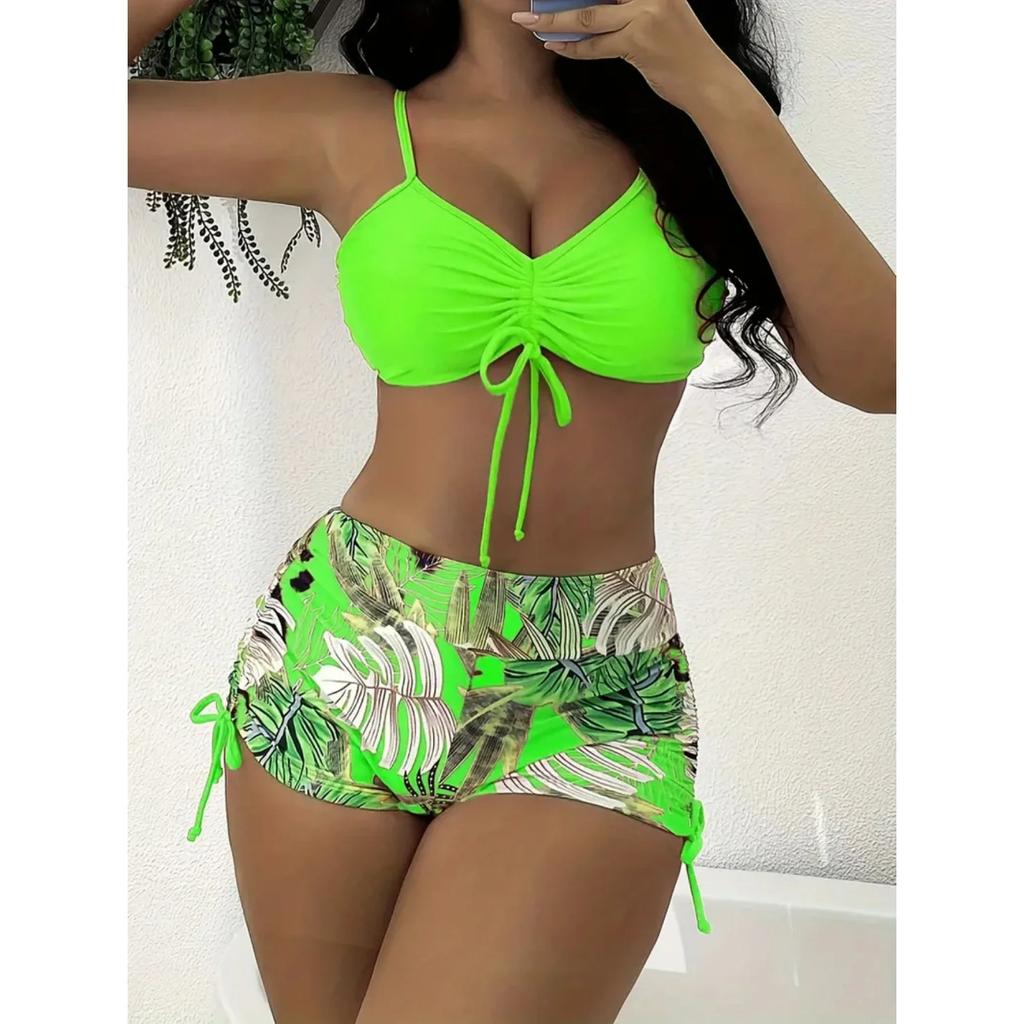 Women's Bikini Set Fluorescent Green High Waist Floral Print 2 Piece Swimsuit Drawstring Pleated V-neck Bathing Suit 2025 New