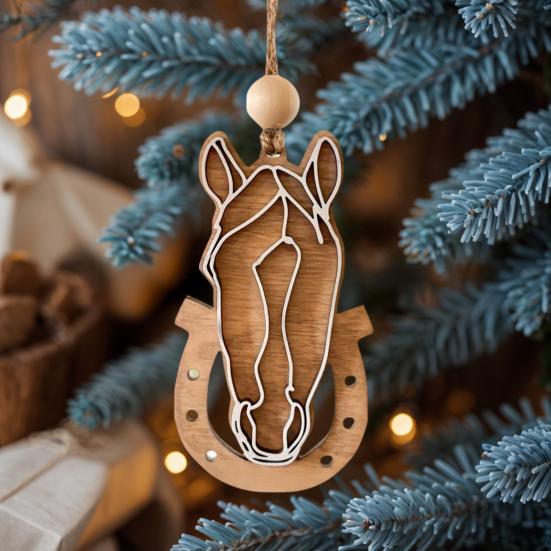 Wooden Hanging Horse Head Decoration Farmhouse Rustic Horse Horseshoe Christmas Tree Hanging Ornament Pendant