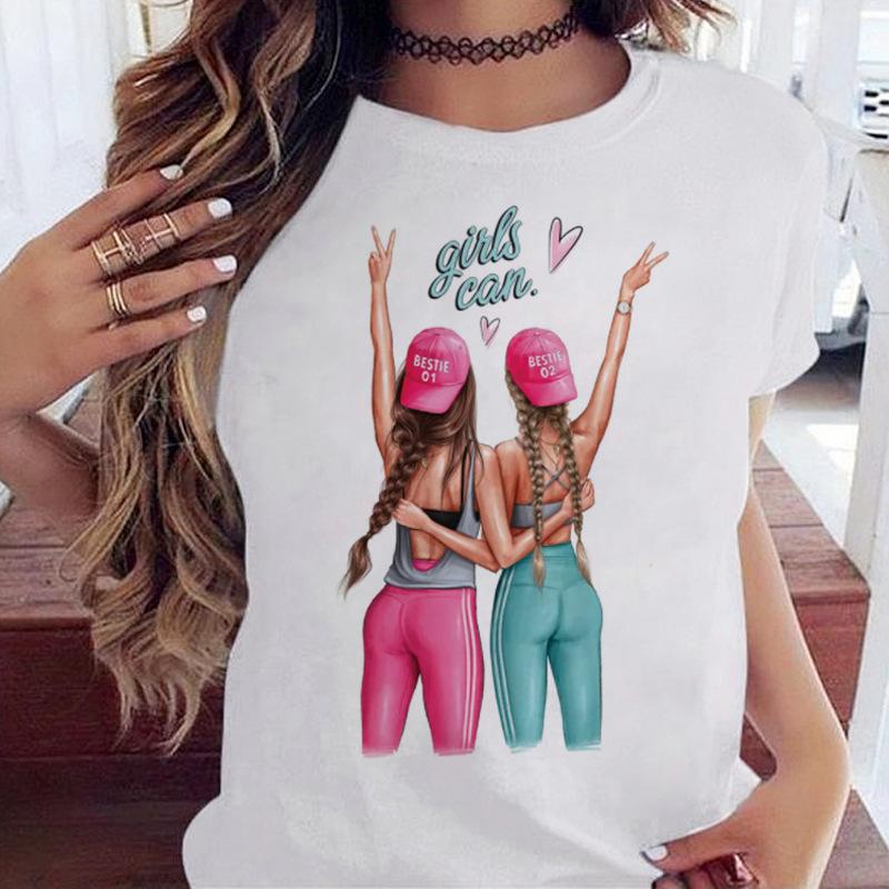 Women's Top Urban Girl Printed Casual White Cute Simple Retro Front Shoulder Pure Cotton Short Sleeved T-Shirts Women’s