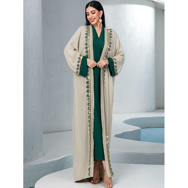 

2025 Ближний Восток Лоскутный Кардиган с Пайетками и Вышивкой, с Коротким Рукавом, Базовое Платье, Халат-Костюм, Дубайское Платье Green XL