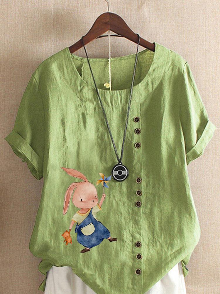 Women's Fashion Fashionable Rabbit Print Shot Sleeve T-shirt Loose Cotton Shirt Casual Loose Summer Blouse Tops Plus Size