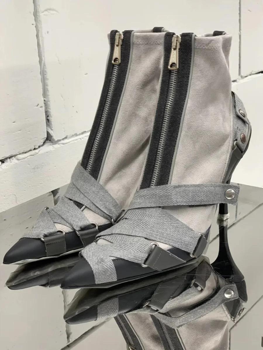 

Splicing Cross Strap Ankle Boots Pointed Toe Belt Buckle Fashion Women Short Boots 2025 New Cool Girl Street Style High Heels 35