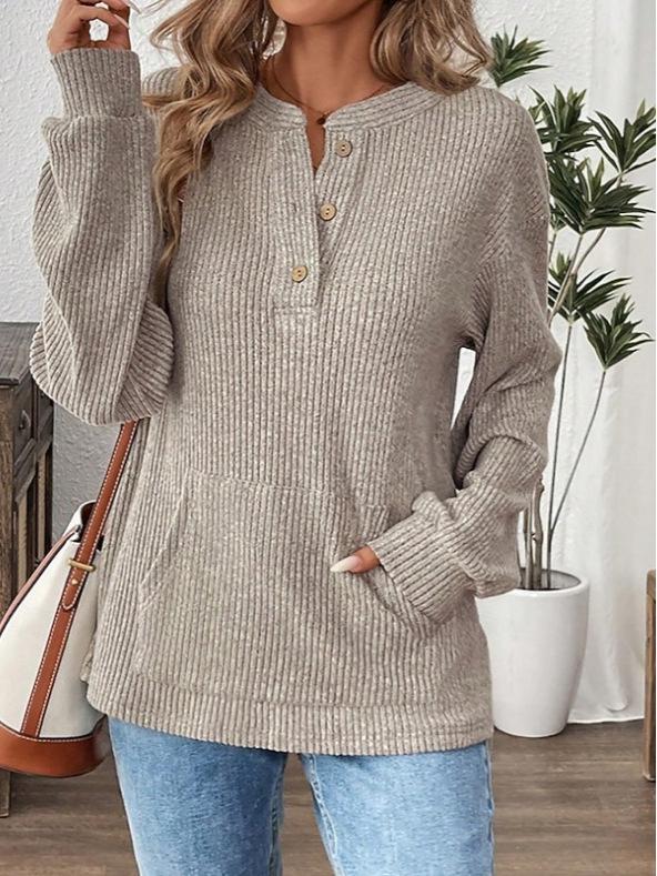 2025 Autumn/Winter Women's Solid Color Fashion Button Loose Long Sleeve T-shirt Top – European and American Style