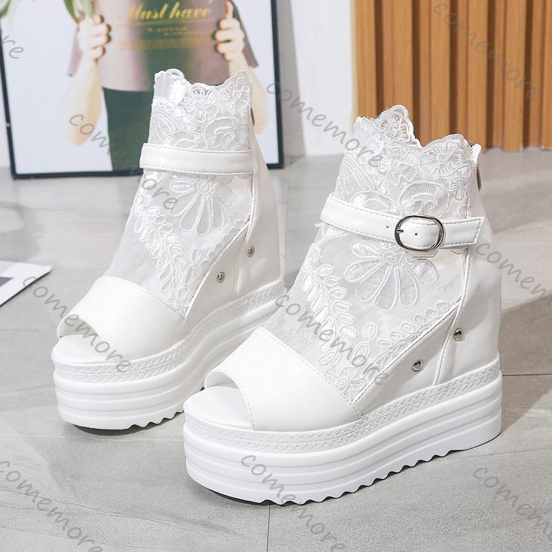Fashion Comemore Summer Buckle Platform Sandals Women Cool Boots 10cm Wedges High Heel Height Increasing Peep Toe Lace Breathable Shoes