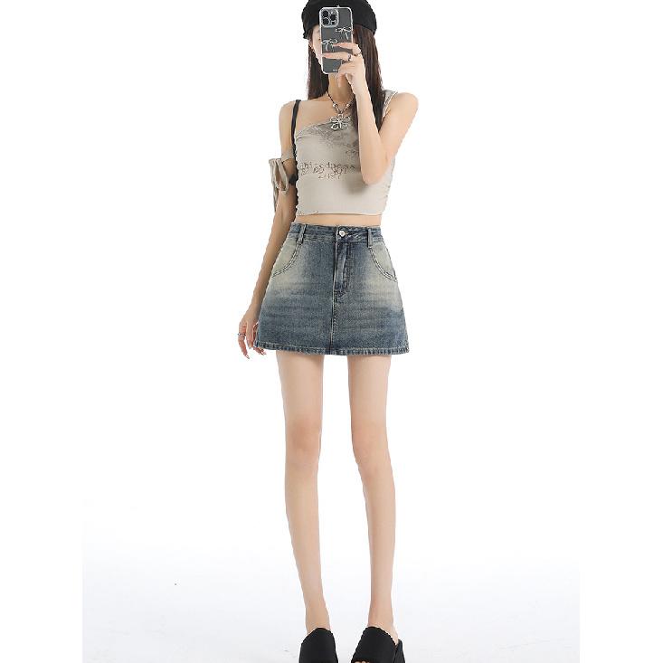 Blue Denim A- Line Mini Skirt Women'S High Waist Slimming Summer New Style Prevent Exposure Personality Wrap Around Short Skirt
