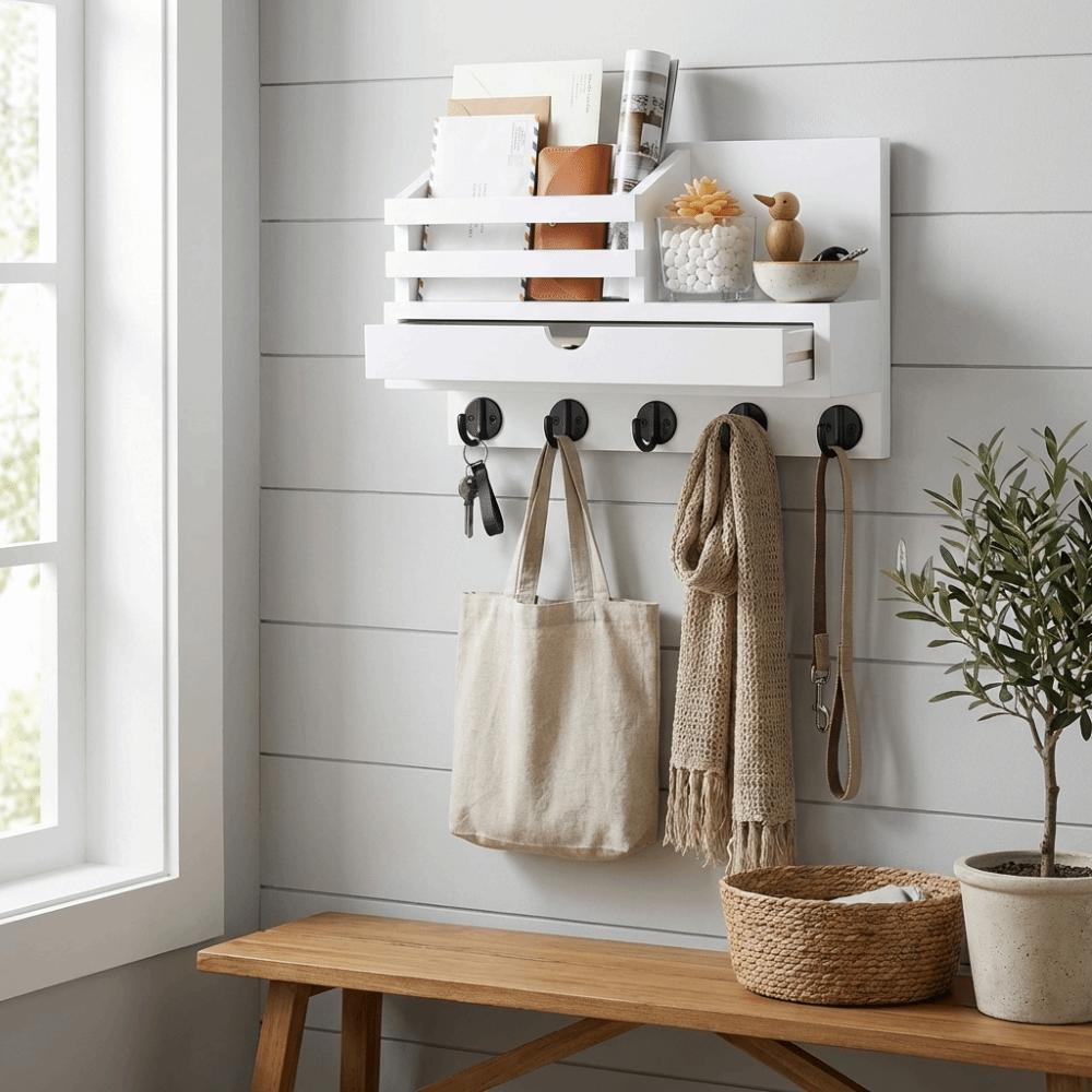 Solid Wood Wooden Wall Mounted Storage Rack Multiple Hooks Simple Design Wall-Mounted Storage Rack Natural Appearance