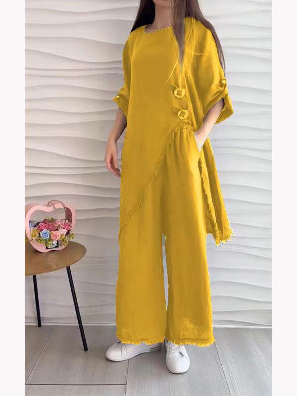 

Women s 2024 Loose Irregular Five-Sleeve Cotton Linen Suit with Mid-Length Top and Wide-Leg Pants 3XL