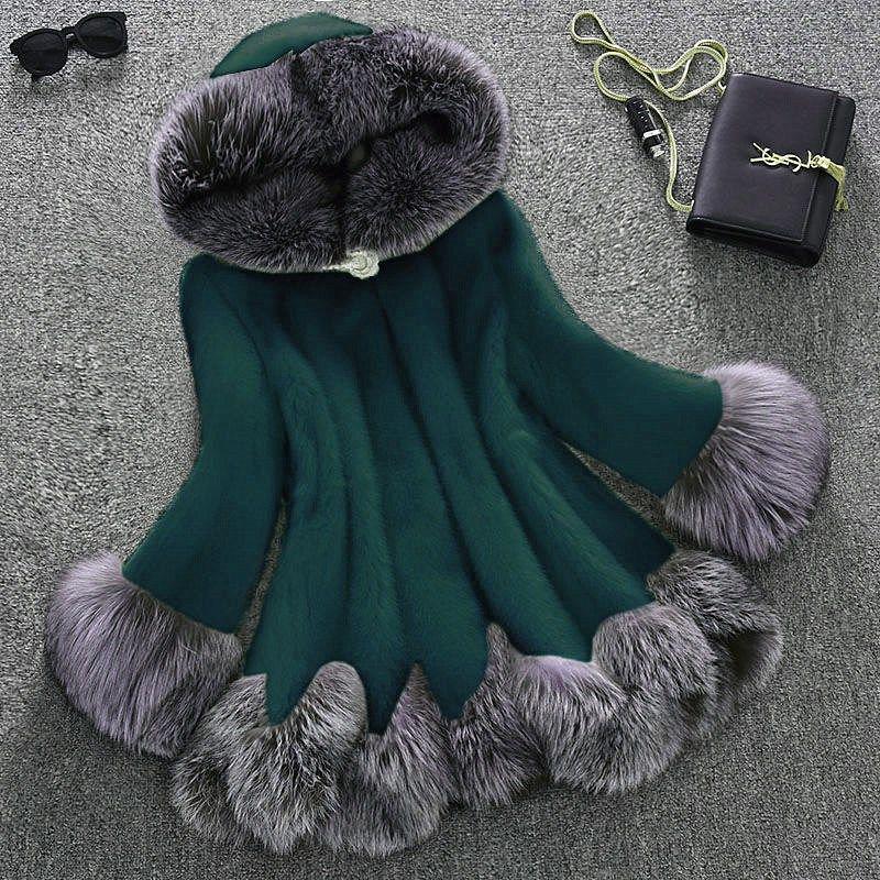Faux Fur Coat Women  Autumn and Winter Mink Coat Fox Fur Collar Hooded Jacket Plus Size Faux Fur Coat