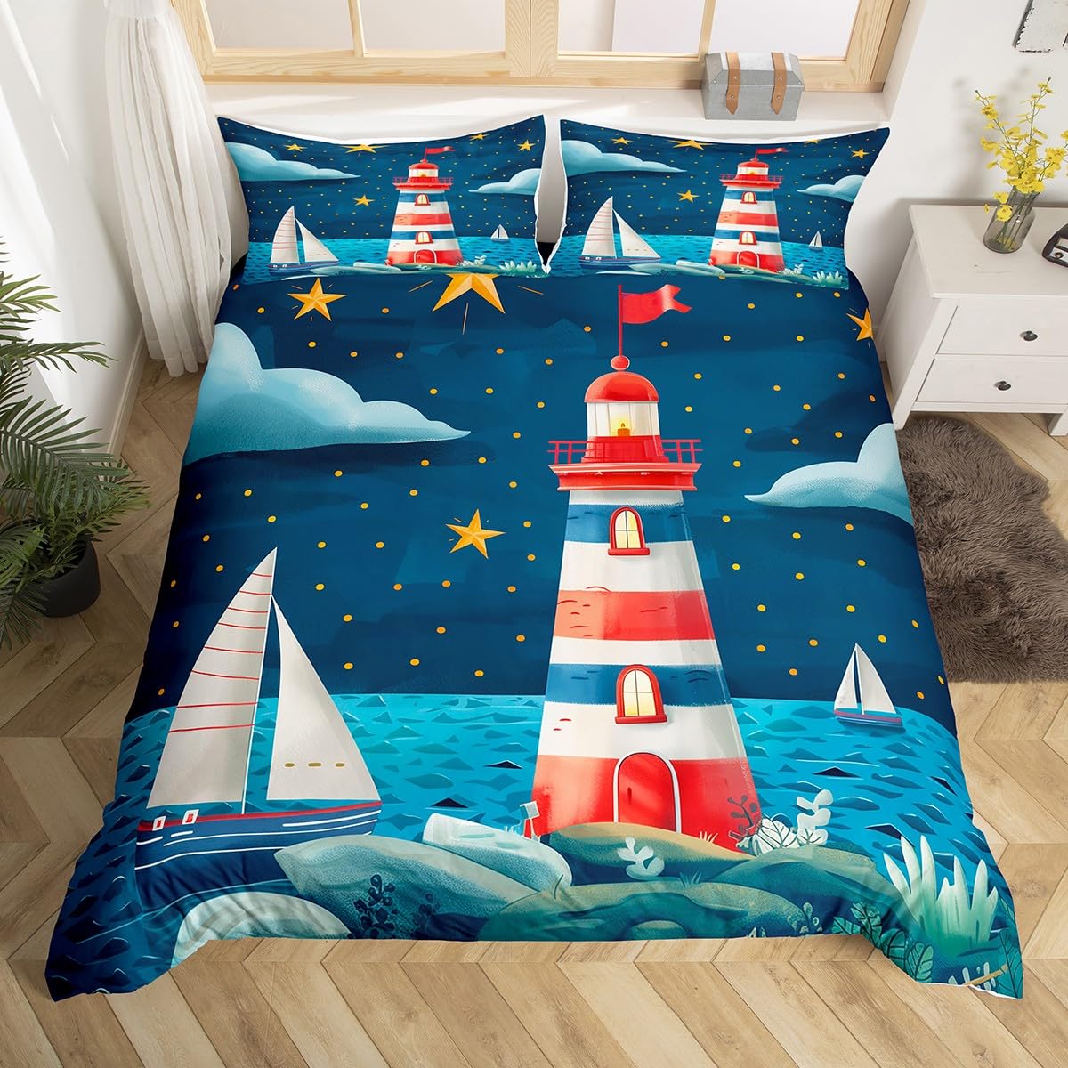 

Nautical Comforter Cover Sailboat Lighthouse Duvet Cover Watercolor Ocean Themed Bedding Set Summer Beach Polyester Quilt Cover (135x200cm)