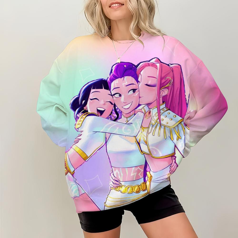 KPop Demon Hunters Print Pullover Sweatshirts Casual Long Sleeve Crew Neck Sweatshirts Fall Winter Women's Clothing