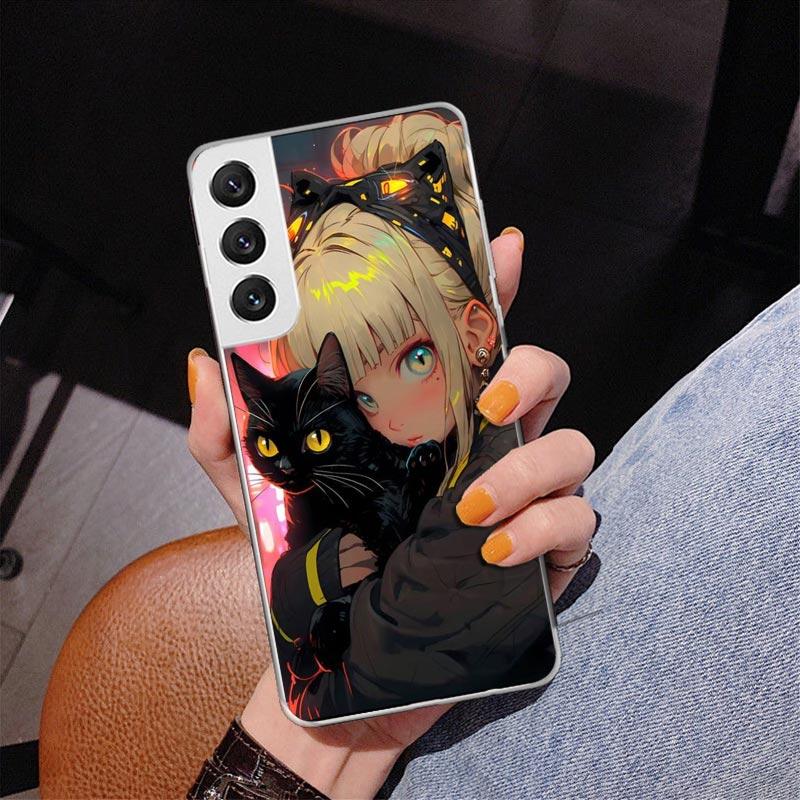 Anime Girls Cute Black Cat Phone Case For Samsung Galaxy S24 S25 Edge S26 Ultra S23 S22 S21 Plus S20 FE + Personalized Print Cov