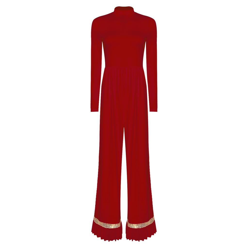 Damen Anbetungstanz Einteiler Langarm Rücken Reißverschluss Glänzende Pailletten Rüschen Meshbesatz Weitbeinige Hose Jumpsuit