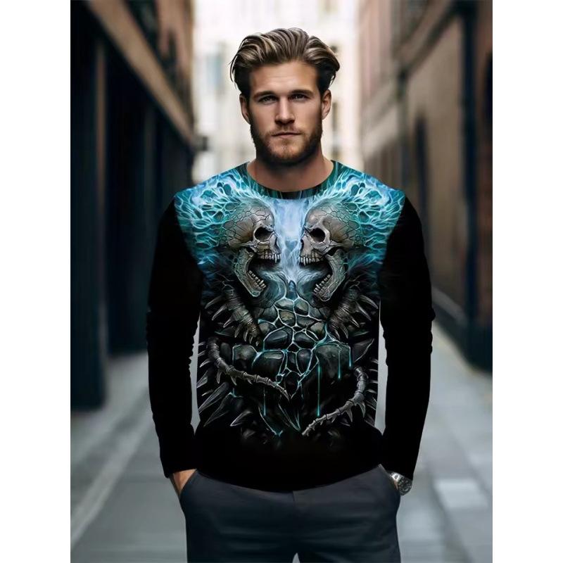 Autumn Round Neck 3D Skull Pattern Printed Top Fashionable Casual Long Sleeved Men's T-shirts