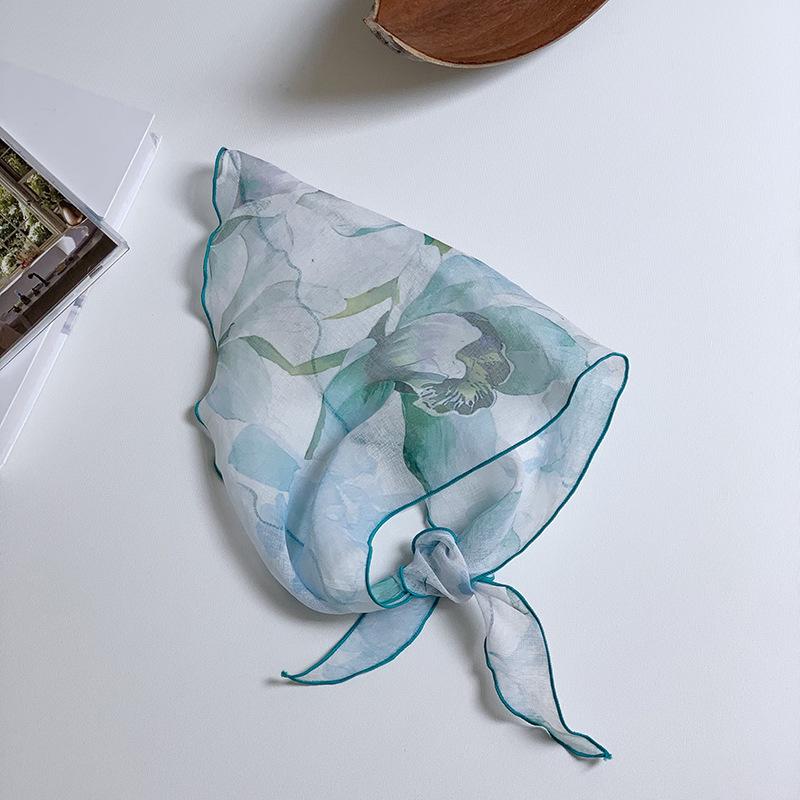 Cotton and Linen Triangle Scarf Headscarf Women's New Ink-dyed Flower New Versatile Literary Decorative Scarf Headband
