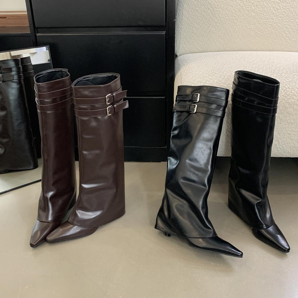 2025 autumn Korean version of fashion pants boots pointed thin middle heel boots but knee temperament sleeve fashion single boots