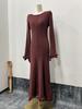 2026 Women's Pleated Wave Edge Lace-up Backless Long Sleeve Dress