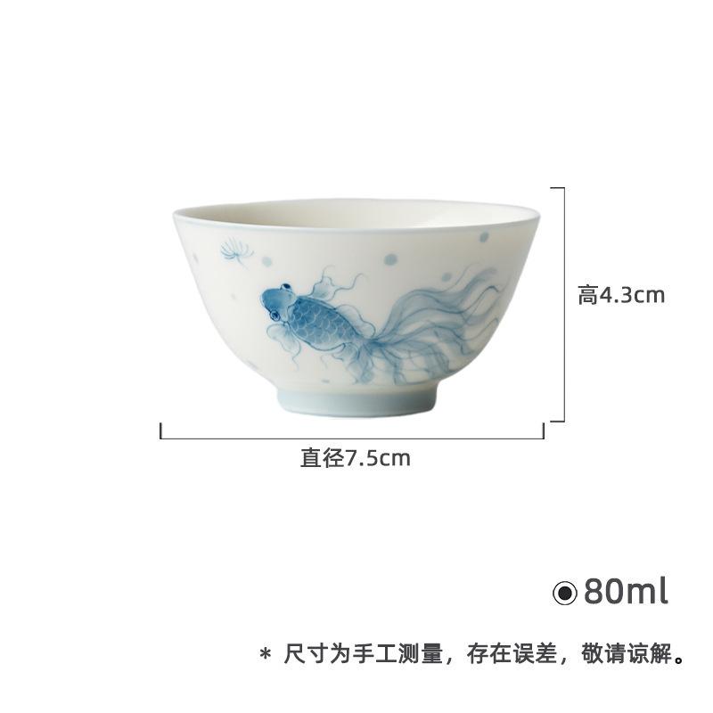 80ml Hand-painted Blue And White Goldfish Teacup Retro Tea Bowl Cup For Tea Tea-tasting Smelling Cup Jianzhan Master Cups Cha