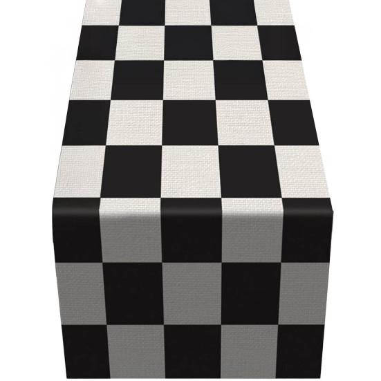Decorative Table Cover for Home Modern Geometric Runner, Black And White Checkered Minimalist Decoration 72 Inch Striped Runner Dining Decor