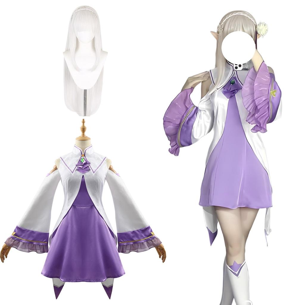 Emilia Cosplay Costume with Sanctuary Outfit from Adult for Cultural and Stage Performances Sanctuary Outfit with Size [Excellent Quality] Wig,