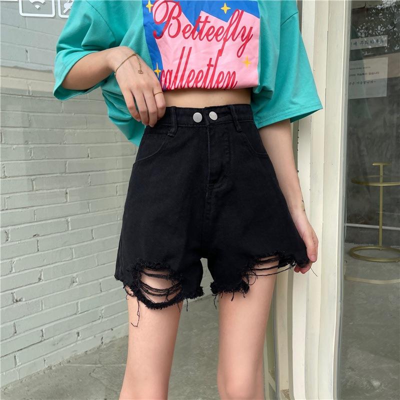 Classic and Minimalist Fashion Versatile Broken Holes Female Summer Thin High-waisted A-line Wide-legged Pants Denim Shorts Individuality Trendiness