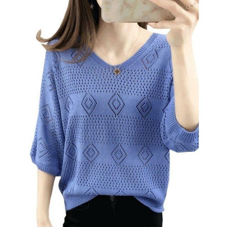 Spring and Summer V-neck Hollow Out Knitted Sweater for Women Loose Korean Version Bat Top for Women