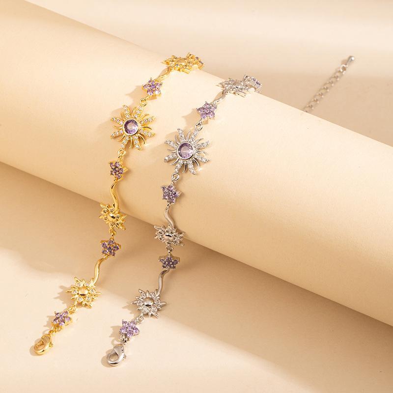 Luxury Sunflower Bracelet Exquisite Fashion Pink Cubic Zirconia Chain Crystal Sparkling Shiny Rhinestone Bangle Wedding