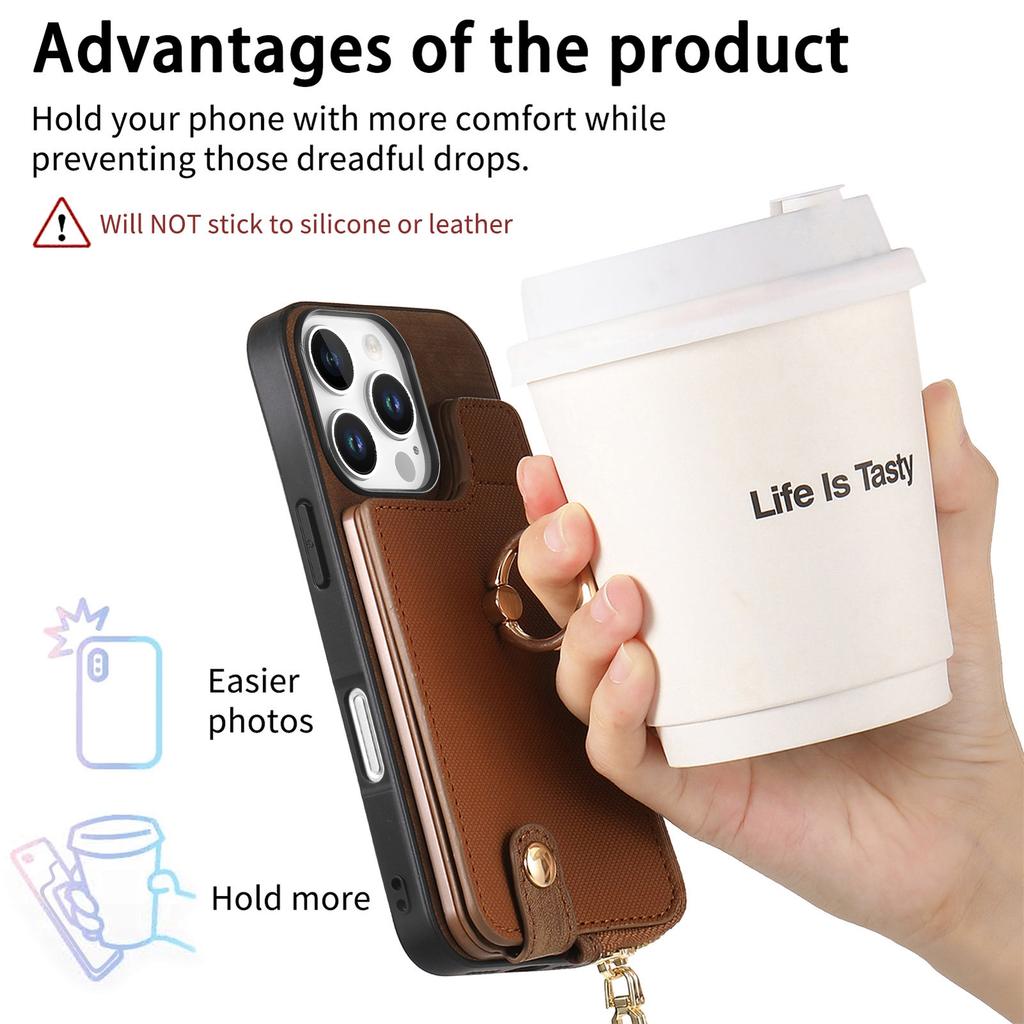 For iPhone 16 Pro Case Zipper Pocket Kickstand Leather Phone Back Cover